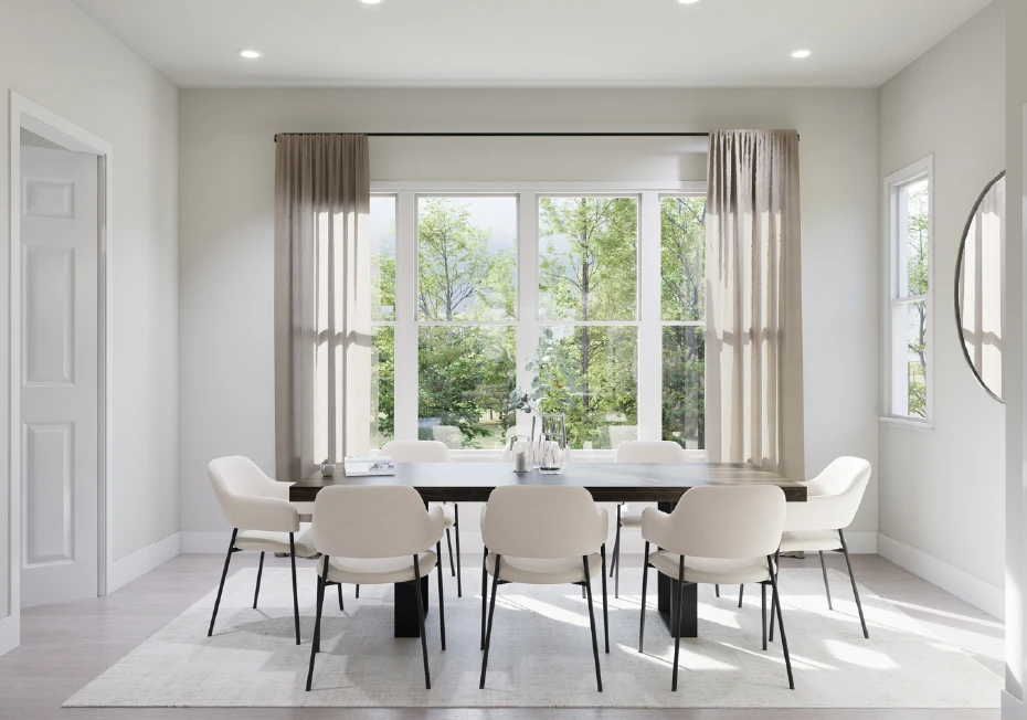 Bright dining room with large windows
